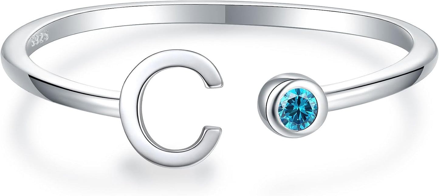 925 Sterling Silver Initial Letter Birthstone Rings for Women Adjustable 1-12 Month Birthstone Alphabet Stacking Ring for Teens Girls Stackable Birthstone Rings Birthday Jewelry Gift for Daughter Mom