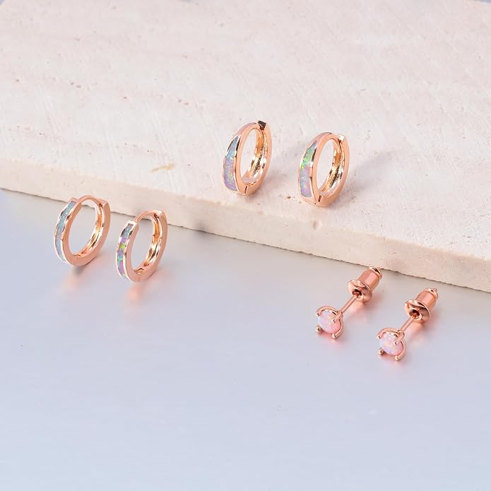 CiNily Opal Earrings Set for Women Hypoallergenic, Opal Stud Huggie Hoop Earrings Silver/Rose Gold Plated Dainty Hoop Huggie Silver Dangle Earring Stacks, Gold Jewelry