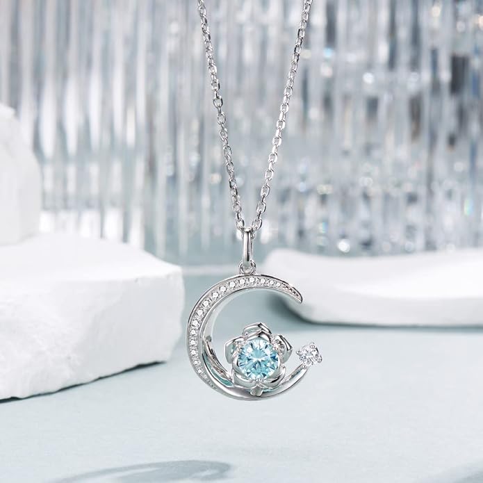 Birthstone Necklace for Women Sterling Silver Moon Pendant Necklaces Anniversary Birthday Fine Jewelry Gifts for Her Women Mother, Adjustable Chain