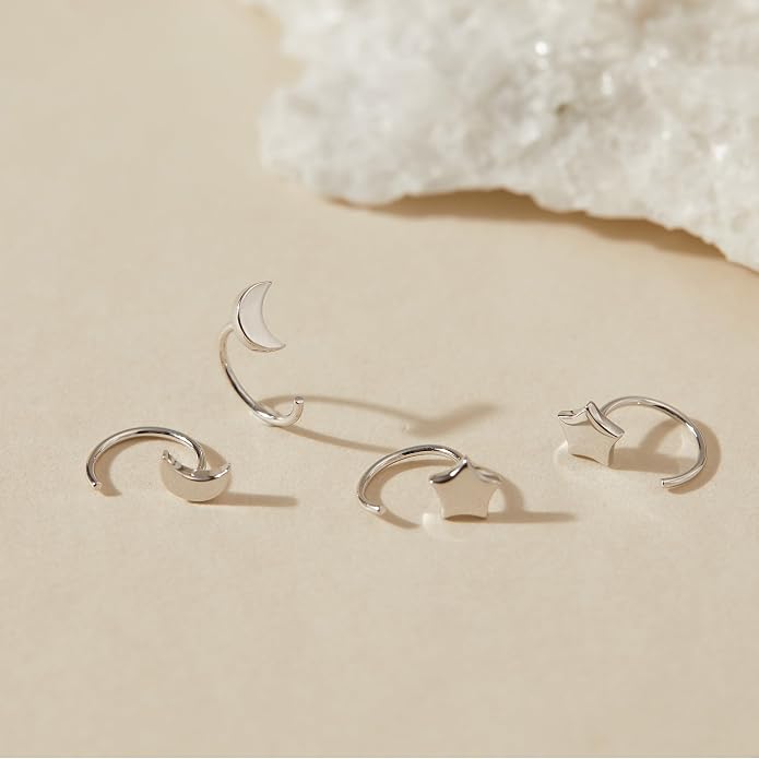 CHIC & ARTSY 925 Sterling Silver Half Hoop Earrings for Women, Small Huggie Hoops Set with Ball Bar Star Moon Cross & Pearl, Lightweight Comfort Fit Everyday & Sleep Earrings