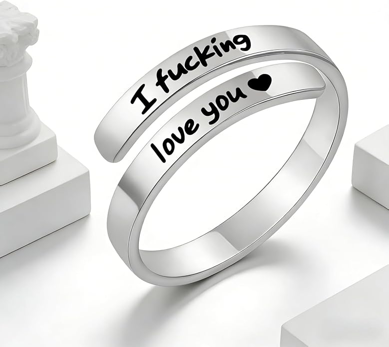 I Fcking Love You Ring, Stainless Steel Engraved Inspirational Words Heart Open Adults Women Vintage Promise Rings Lover Wife Jewelry