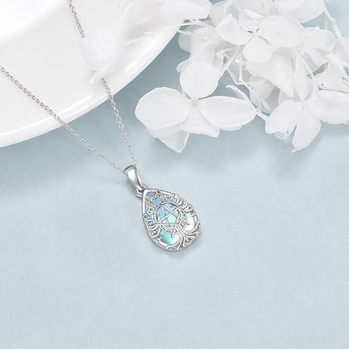 YFN Triple Moon Goddess Necklace Sterling Silver Pentagram Pentacle Opal Pendant necklace Pagan Wiccan Magic Amulet Tree of Life Jewelry for Women Men 18"