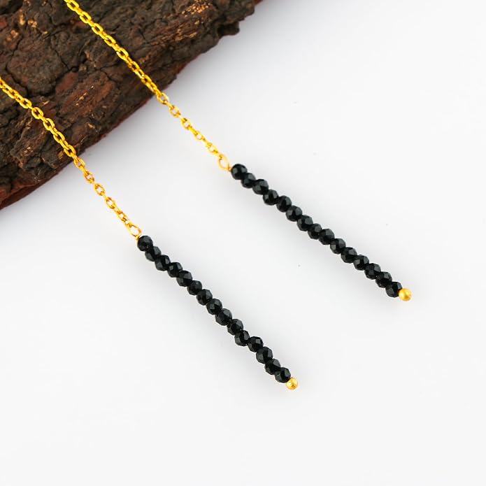 Natural Gemstone Threader Earrings for Women - Dainty 2mm Faceted Beads - Birthstone Crystal Drop Earrings - Silver Plated Healing Jewelry