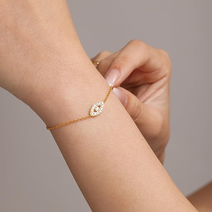 JUN MEIR'S 18K Gold Plated Evil Eye Adjustable Bracelet for Women, Simple Zirconia Link Bracelet, Birthday Anniversary Jewelry Gifts for Wife, Mom, Best Friend