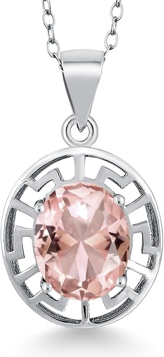 Gem Stone King 925 Sterling Silver 10X8MM Oval Gemstone Birthstone Necklace | Greek Key Pendant Necklace for Women | With 18 Inch Silver Chain