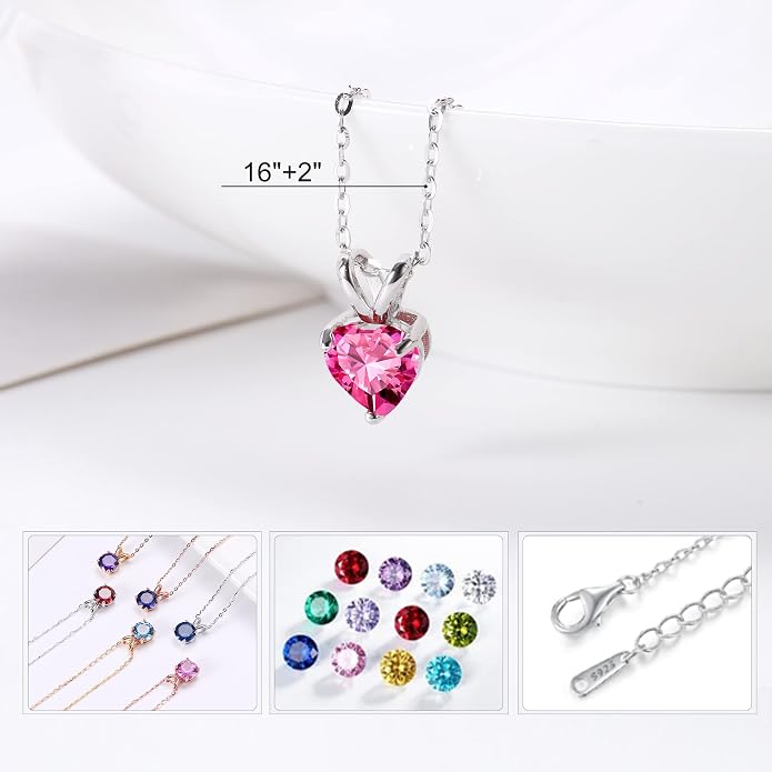 SMILEST Dainty Heart Birthstone Necklace for Women, 925 Sterling Silver Necklace Sparkling Heart Pendant, Anniversary Birthday Gifts for Women Mom Wife Daughter Girlfriend Grandma