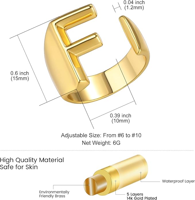 KeyStyle Bold Initial Letter Rings Adjustable, GoldChic Jewelry Women Gold Statement Ring Personalized Engraved Women’s Open Signet Ring for Party (Gold, White Gold, Black)