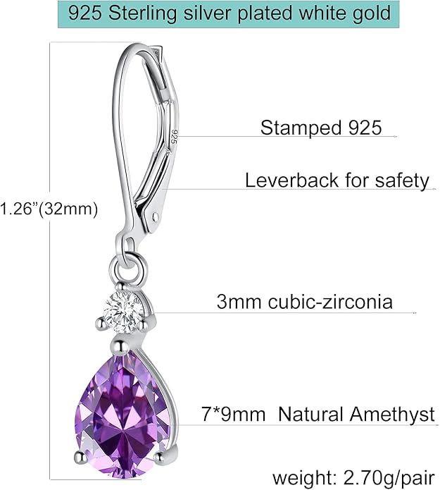 925 Sterling Silver Blue Topaz/Amethyst/Rainbow Quartz CZ Teardrop Leverback Earrings Drop Dangly Gemstone Earings Hypoallergenic Birthday Jewelry Gifts for Women