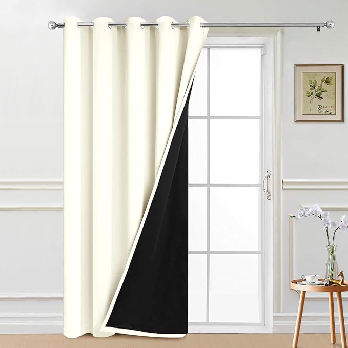 Yakamok Cream 100% Blackout Patio Door Curtain Panels W70 x L84,1 Panel | Noise Reducing Barrier Panel for Sliding Glass Door, 2 Thick Layers Heat Full Light Blocking Patio Door Drapery