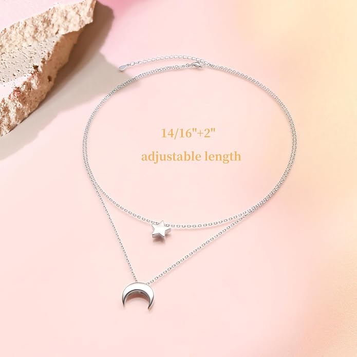 FLYOW Layered Choker Necklace S925 Sterling Silver Star Full Moon Daisy Flower Pendant Disc Jewelry Adjustable Clavicle Necklaces for Women Girls Birthday Gifts