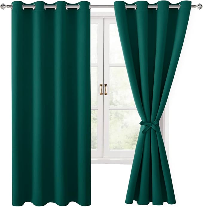 Hiasan Blackout Curtains for Bedroom, 52 x 63 Inches Length - Thermal Insulated & Energy Saving Window Curtains for Living Room, 2 Drape Panels Sewn with Tiebacks, Hunter Green