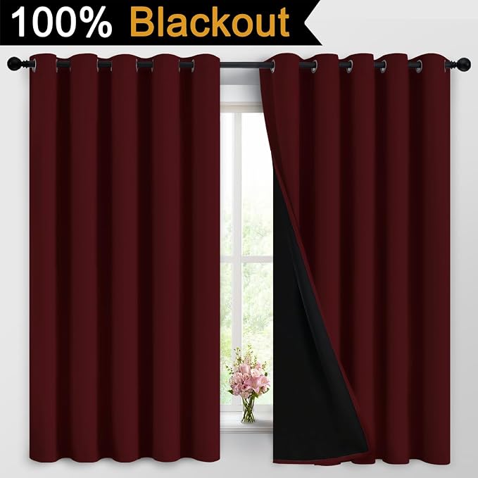 Yakamok Burgundy Red Blackout Curtains 63 Inches Long for Bedroom 62" Wide | Blackout Curtain Panels for Bedroom, 2 Thick Layers Grommet Top Thermal Insulated Drapes with Black Liner for Living Room
