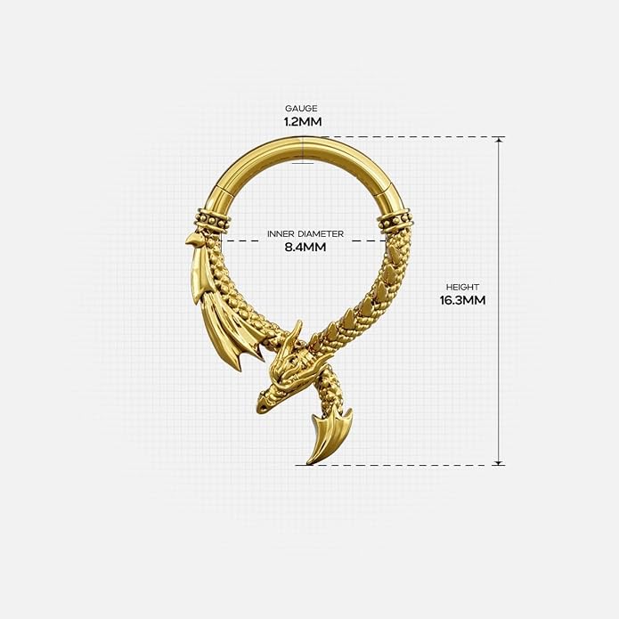 PUNKYOUTH Titanium 16G Septum Nose Ring Clicker Hoop Titanium 316L Surgical Steel Gothic Alternative Piercing Jewelry for Septum Helix Rook Tragus Cartilage Hinged Clicker Hoop with Bat Dragon Spike Eye Design 8mm