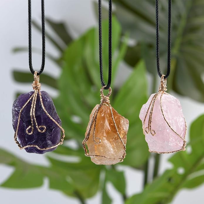 YGLINE Natural Raw Stone Healing Crystal Necklace Wire Wrapped Pendant for Womens Ladies