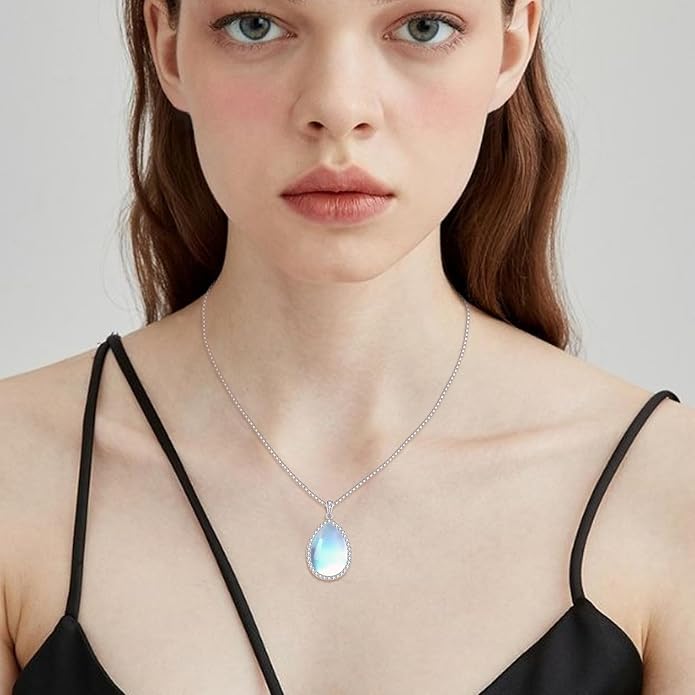 YAFEINI 925 Sterling Silver Moonstone Necklace Filigree Teardrop Pendant Necklace Jewelry for Women Girls