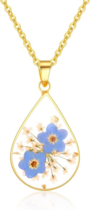 AUNTESIGN Forget-Me-Not and Queen Anne's Lace Pressed Wildflower Necklace | Birth Month Flowers Necklace | Gold/Silver Pressed Flower Jewelry | Mother's Day | Gift For Her