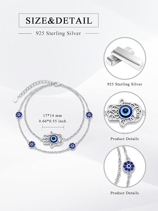 925 Sterling Silver Ankle Bracelet Evil Eye/Dolphin/Sea Turtle/Infinity/Wave Seashell/Hamsa Ankle Bracelet Adjustable Summer Beach Ocean Jewelry for Women