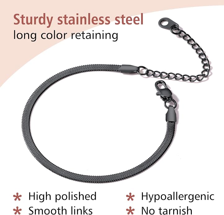 FindChic Elegant Herringbone Snake Chain Anklets/Bracelets 3MM/5MM Width Stainless Steel/18K Gold/Rose Gold Plated/Black 4 Color Options, 8.3'' 8.5'' 10.5'' Length, with Gift Box