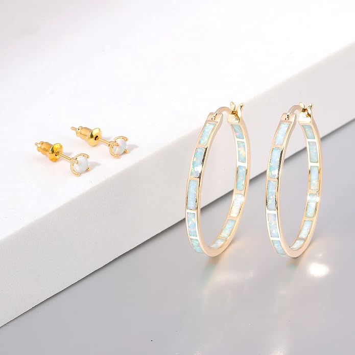 CiNily Opal Hoop Earrings,Women Jewelry Rhodium Plated/Rose Gold or Yellow Gold Plated Gemstone Big Hoop Earrings 32mm