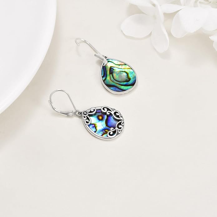 Filigree Earrings Sterling Silver Celtic Teardrop Drop Dangle Earrings Abalone Shell Bohemian Jewelry for Women