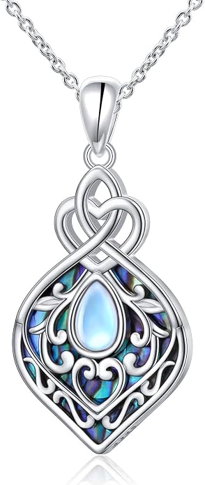 DAOCHONG 925 Sterling Silver Filigree Moonstone Sunflower Necklace Celtic Teardrop Abalone Shell Jewelry for Women Birthday Christmas Anniversary