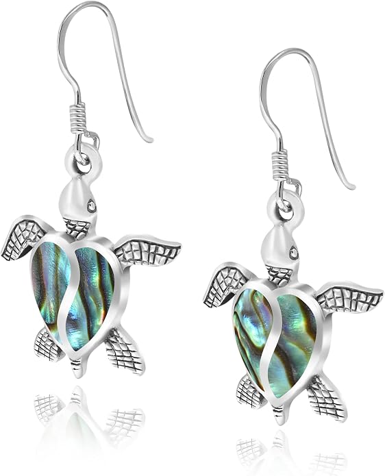 AeraVida Love Life Sea Ocean Turtle Heart Abalone Shell Sterling Silver Dangle Earrings | Elegant Ocean-Inspired Turtle Earrings for Women | Sterling Silver and Abalone Shell Jewelry