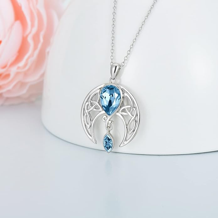 AOBOCO Sterling Silver Celtic Crescent Moon Goddess Pendant Irish Good Luck Necklace with Birthstone Crystal, Celtic Moon Jewelry Gift for Women Mom Wife