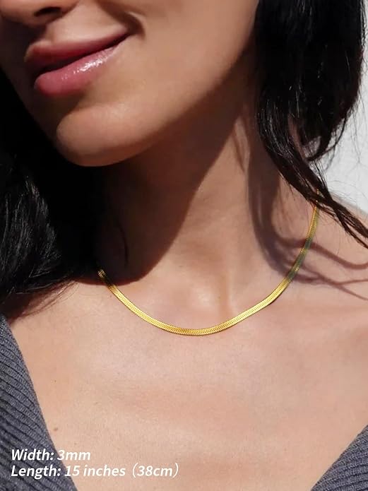 FindChic Black/14K Gold Plated Herringbone Choker Chain Necklace for Women | Waterproof Stainless Steel, Dainty Layering, Flat Snake Chain, Non-Tarnish, Hypoallergenic, Adjustable Extender, Gift Box