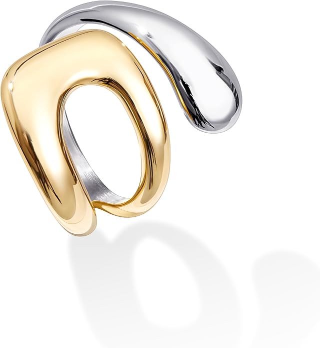 Gelbesty Waterproof Gold Statement Rings for Women, 14K Gold Plated Chunky Open Stackable Rings Non Tarnish Fashion Adjustable Stainless Steel Pinky Knuckle Signet Vintage Ring Jewelry Size 5-11