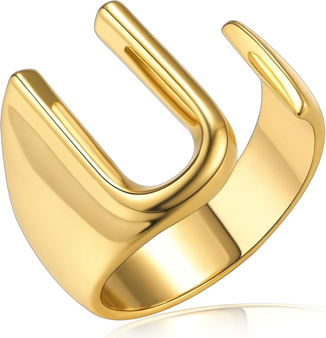 KeyStyle Bold Initial Letter Rings Adjustable, GoldChic Jewelry Women Gold Statement Ring Personalized Engraved Women’s Open Signet Ring for Party (Gold, White Gold, Black)