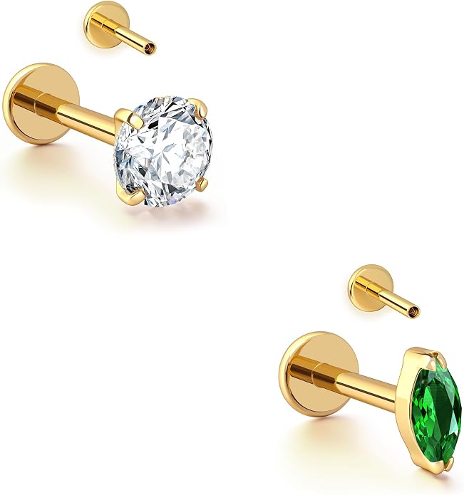 BodyBonita 16G Gold Stud Earrings Flat Back - G23 Titanium Internal Thread Clear CZ Cartilage Earrings for Women