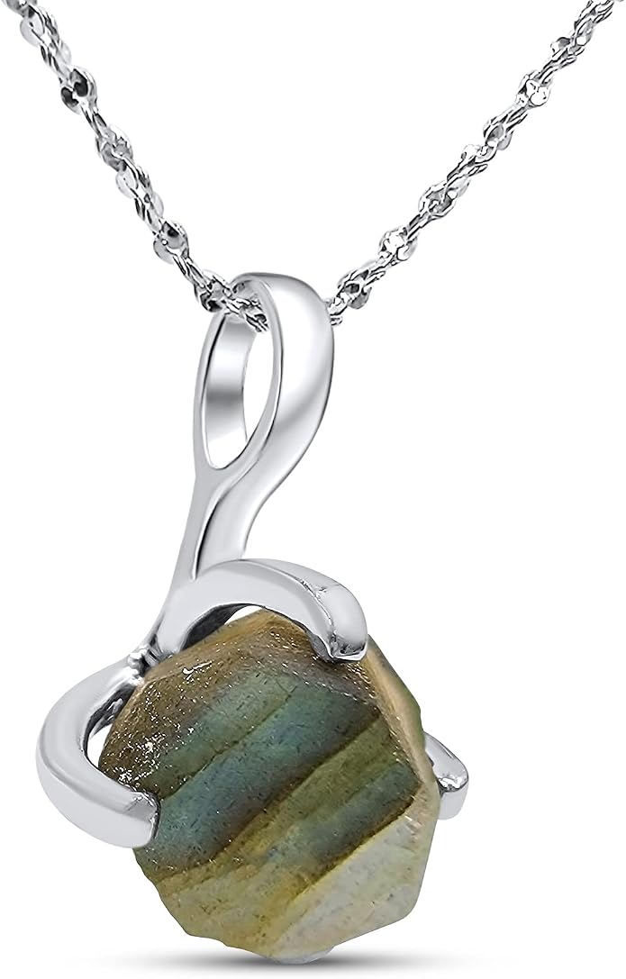 Natural raw gemstone pendant chain necklace with white gold over 925 solid sterling silver, birthstone dainty solitaire gift for her, uniquelan jewelry