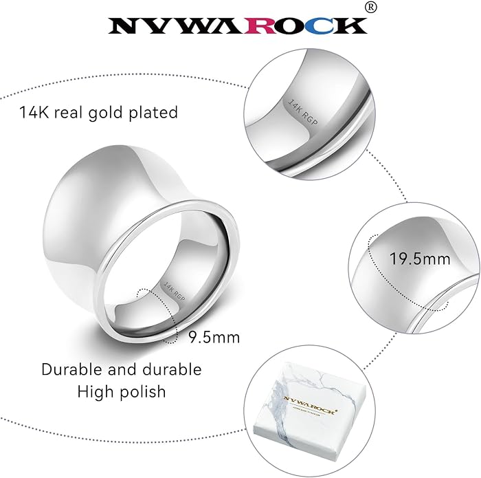 Wide Statement Band Rings for Women and Men，High 14K Gold Plated Polish Large Thumb Index Full Finger Rinds Size 6-11（Gold and Silver）
