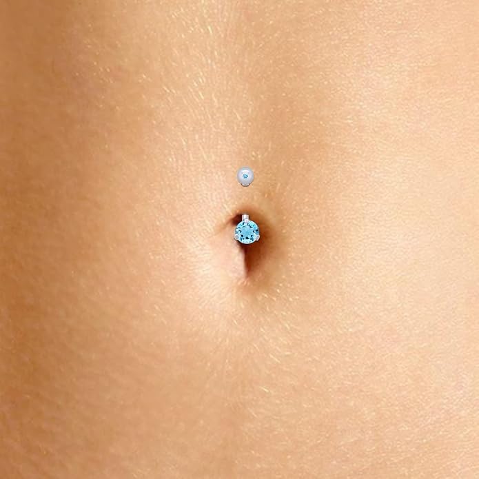 AFFY Internally Threaded Belly Button Navel Ring for Women, Three-Prong Round Simulated Birthstone in 14K Gold Over 925 Sterling Silver, Body Piercing Jewelry Gift