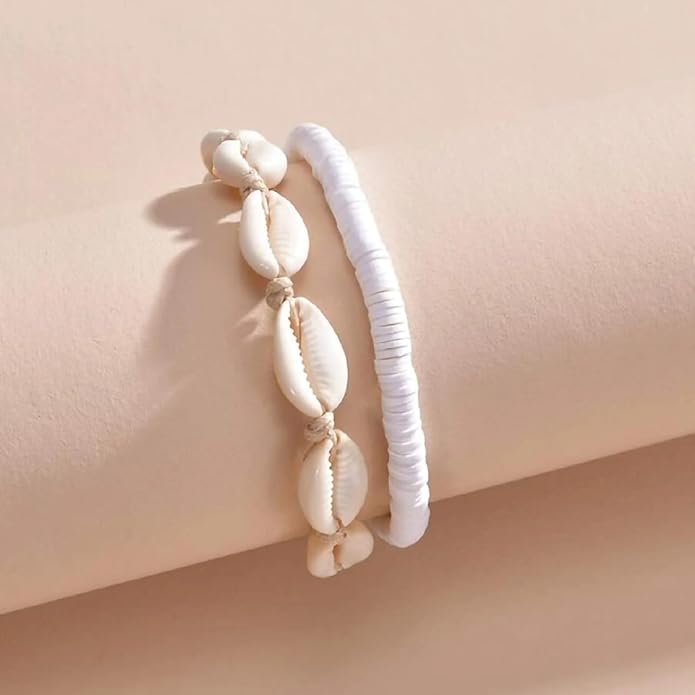 Qceasiy Shell Ankle Bracelet Set for Women, Gold Plated Boho Bead Adjustable Anklet, Hawaiian Beach Seashell Pearl Heart Starfish Conch Foot Jewelry Gifts