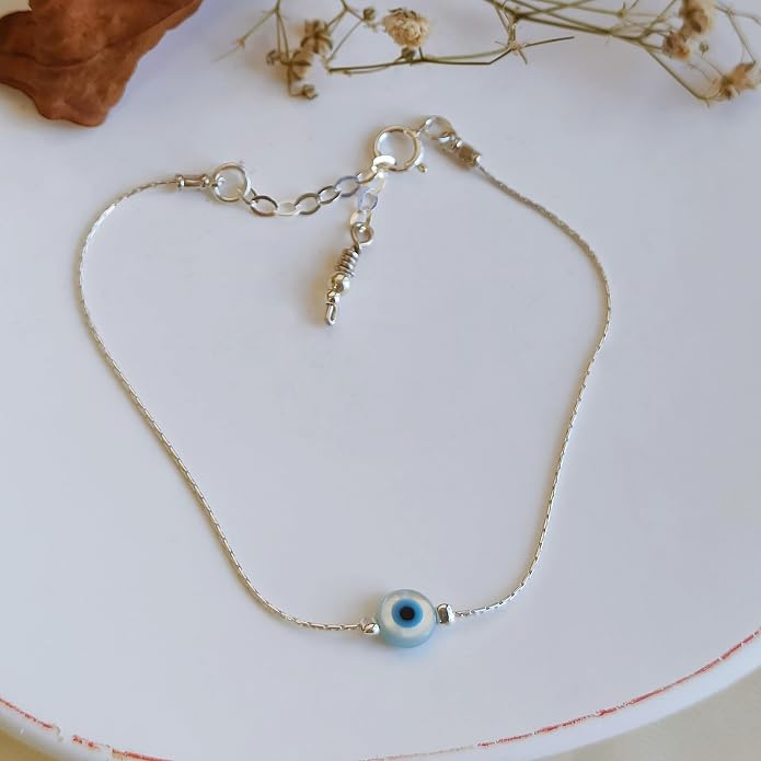 Minimalist Evil Eye Charm Bracelet – Handmade Delicate Good Luck Jewelry for Women – Adjustable 6.5” + 1” Extender