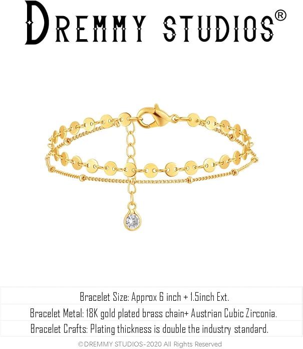 Dremmy Studios Gold Bracelet for Women 18K Gold Plated Dainty Paperclip Cubic Zirconia Disc Coin Star Cable Satellite Bead Pearl Simple Boho Minimalist Stacking Layered Link Jewelry Gift
