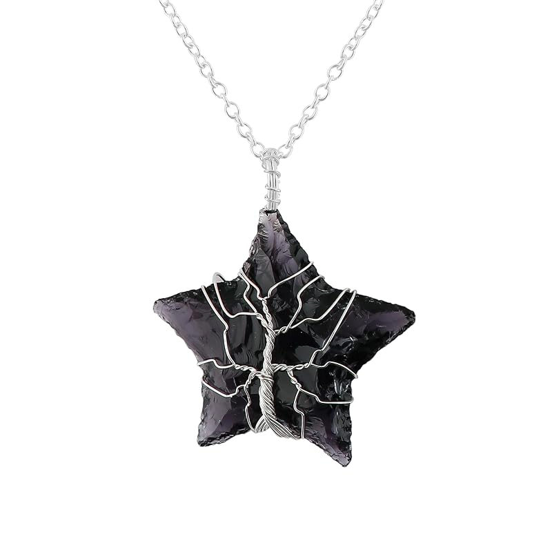(3pcs) (Tree of Life Craft) Raw Purple Sea Glass Rough Crystals Pendant Necklace, Heart & Star & Arrow Shapes, Wire Wrapping, Women Jewelry, Dainty Silver Plated Chain 18 inch