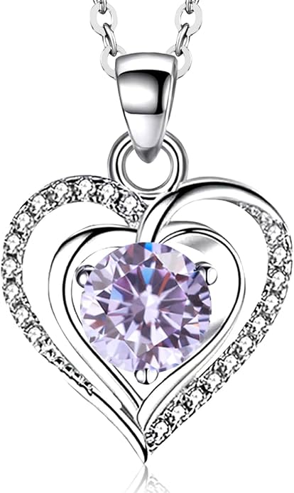 RIVIKO Heart Birthstone Pendant Necklace for Women 925 Sterling Silver Zirconia Necklaces Valentine's Day Anniversary Birthday Mothers Day Jewelry Gifts For Her Mother Wife