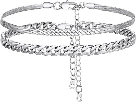 FOCALOOK Anklet Bracelets Set for Women, 14K Gold Plated Waterproof Cuban Link Chain Layered Anklets Set for Plus Size Ankle 8-10.5 Inch Adjustable Summer Beach Jewelry Gift