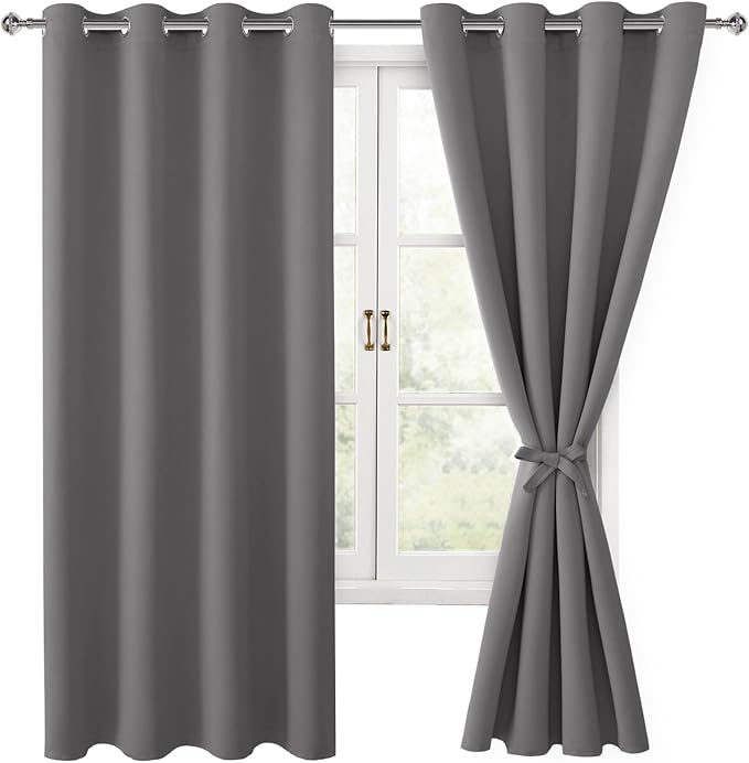 Hiasan Blackout Curtains for Bedroom, 52 x 63 Inches Length - Thermal Insulated & Light Blocking Window Curtains for Living Room, 2 Drape Panels Sewn with Tiebacks, Light Grey
