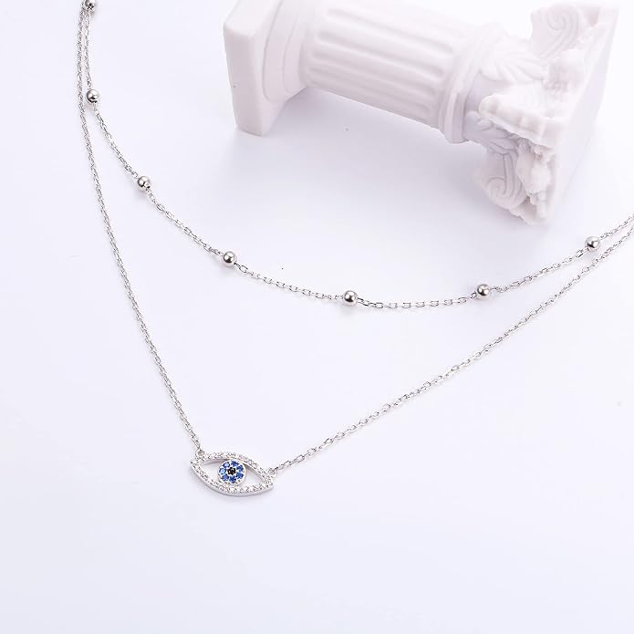 Layered Choker Necklaces for Women S925 Sterling Silver Circle/Heart/Cross/Star Multi Layered Necklace Handmade Bead Chain Adjustable Jewelry for Birthday