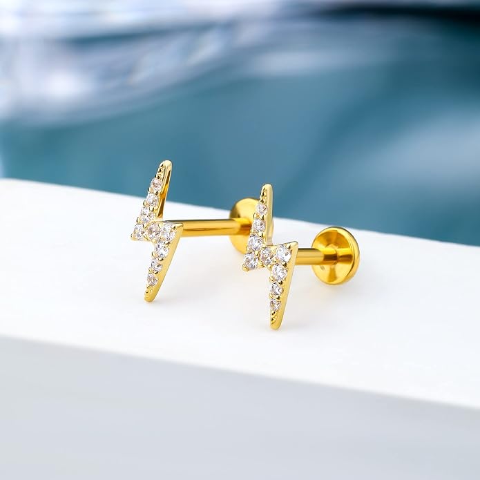 COCHARM 14K Gold Lightning Threadless Helix Cartilage Earrings Stud for Women 16g Push in Cartilage Tragus Piercing 14Kt Gold Flat Back Conch Earrings Fowward Helix Stud