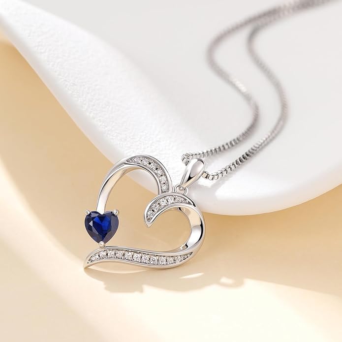 Love Heart Necklace for Women, 925 Sterling Silver Cubic Zirconia Birthstone Heart Pendant Jewelry Gift for Mom, Mother, Wife, Girlfriend on Birthday, Mother's Day, Chain 18 inch