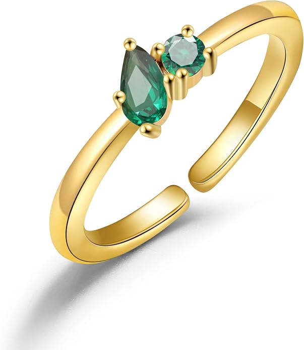 JSJOY Birthstone Rings for Women Dainty Emerald Blue Ring Birthday Gifts for Mom Her Gemstones CZ Ring for Teens Gold Rings That Don't Tarnish Adjustable Ring Jewelry Gifts