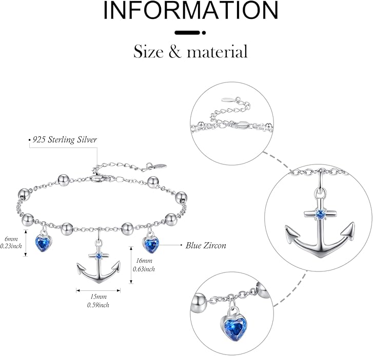 Palpitate Anchor Anklet Bracelets for Women Anklet Nautical 925 Sterling Silver Anchor Jewelry Gifts for Women Sailor Adjustable Chain