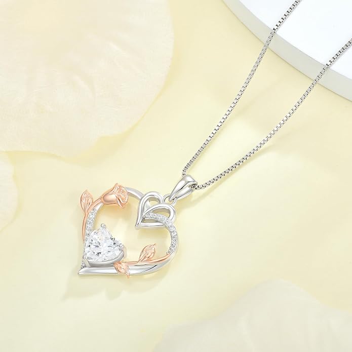 Rose Heart Necklaces for Women - 925 Sterling Silver Gold Rose Birthstone Pendant Jewelry for Girlfriend Daughter - Anniversary Birthday Christmas Valentines Day Mother’s Day Jewelry Gifts for Women Wife Her Girls Mom