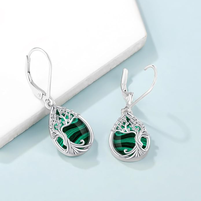 Odinstone 925 Sterling Silver Earrings Tree of Life Teardrop Moonstone Dangle Drop Leverback Earrings for Women