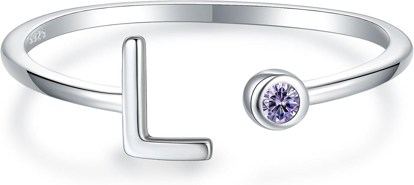 925 Sterling Silver Initial Letter Birthstone Rings for Women Adjustable 1-12 Month Birthstone Alphabet Stacking Ring for Teens Girls Stackable Birthstone Rings Birthday Jewelry Gift for Daughter Mom