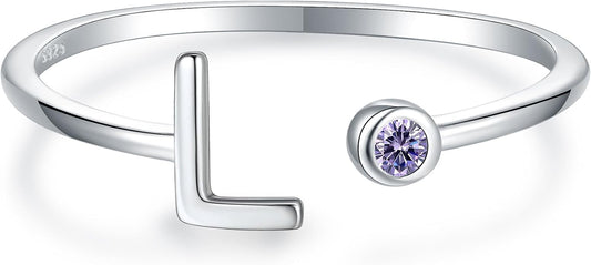 925 Sterling Silver Initial Letter Birthstone Rings for Women Adjustable 1-12 Month Birthstone Alphabet Stacking Ring for Teens Girls Stackable Birthstone Rings Birthday Jewelry Gift for Daughter Mom